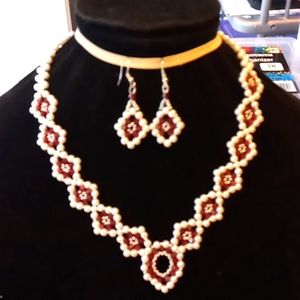 Red and white necklace and earring set